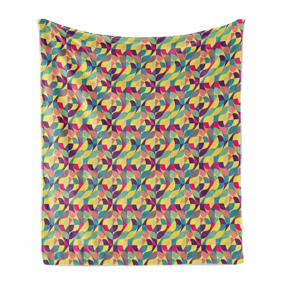 Abstract Soft Flannel Fleece Throw Blanket, Colorful Surreal Shapes Dots and Stripes Round, Cozy Plush for Indoor and Outdoor Use, 60" x 80", Sea Blue Mustard, by Ambesonne