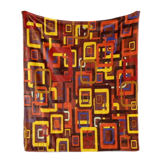 Abstract Soft Flannel Fleece Throw Blanket, Colorful Trippy Square Shaped Geometric Retro Textured Modern Graphic, Cozy Plush for Indoor and Outdoor Use, 50" x 70", Multicolor, by Ambesonne