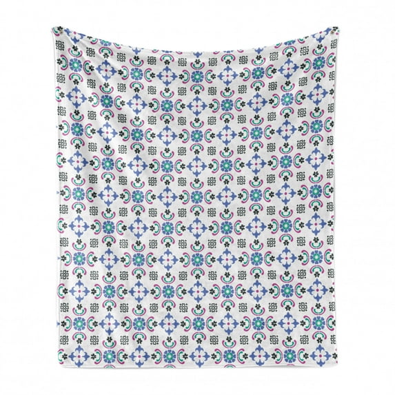 Abstract Soft Flannel Fleece Throw Blanket, Continuous Azulejo Inspired Folk, Cozy Plush for Indoor and Outdoor Use, 50" x 70", White Multicolor, by Ambesonne