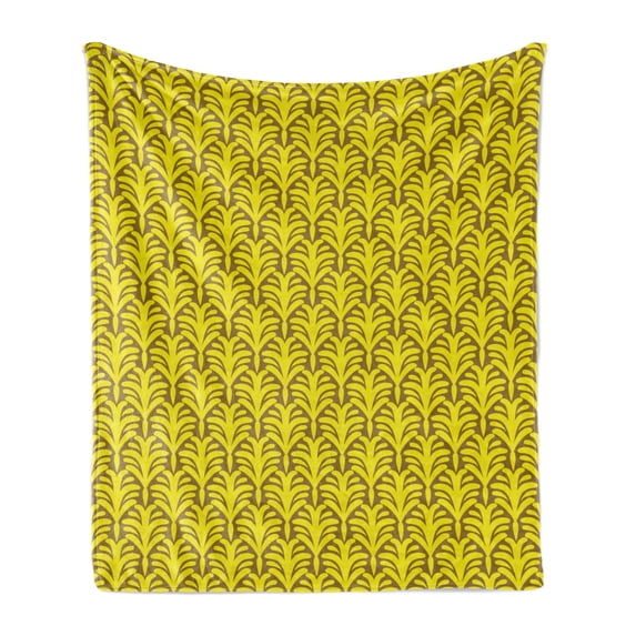 Abstract Soft Flannel Fleece Throw Blanket, Creative Bicolour Design Style Leaf and Bush Inspired Motif Pattern, Cozy Plush for Indoor and Outdoor Use, 50" x 60", Pale Coffee Yellow, by Ambesonne