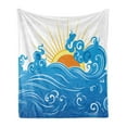 thumbnail image 1 of Abstract Soft Flannel Fleece Throw Blanket, Curved Ocean Waves with Sun Rising with Vibrant Sharp Rays Seascape Art, Cozy Plush for Indoor and Outdoor Use, 60" x 80", Blue Yellow Orange, by Ambesonne, 1 of 6