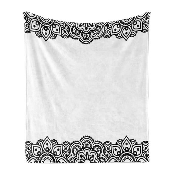 Abstract Soft Flannel Fleece Throw Blanket, Damask Inspired Border Design Folkloric Curls Flowers Retro Style Cultural, Cozy Plush for Indoor and Outdoor Use, 50" x 60", White and Black, by Ambesonne