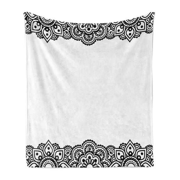 Abstract Soft Flannel Fleece Throw Blanket, Damask Inspired Border Design Folkloric Curls Flowers Retro Style Cultural, Cozy Plush for Indoor and Outdoor Use, 60" x 80", White and Black, by Ambesonne