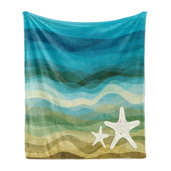 Abstract Soft Flannel Fleece Throw Blanket, Abstract Design Modern Illustration of Waves Starfish Sandy Beach Aquatic Theme, Cozy Plush for Indoor and Outdoor Use, 50" x 70", Blue Beige, by Ambesonne