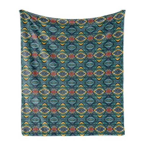 Abstract Soft Flannel Fleece Throw Blanket, Diamond Shapes with Effect and Folkloric Ornaments Native Tribal Influences, Cozy Plush for Indoor and Outdoor Use, 60" x 80", Multicolor, by Ambesonne