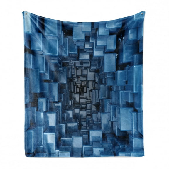 Abstract Soft Flannel Fleece Throw Blanket, Digital Dimensional Square Shaped Cubes Glossy Geometric Style Cluster Print, Cozy Plush for Indoor and Outdoor Use, 50" x 60", Blue, by Ambesonne
