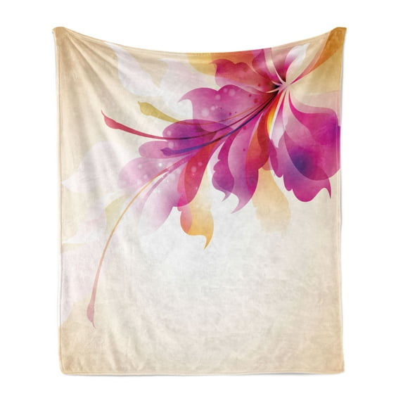 Abstract Soft Flannel Fleece Throw Blanket, Floral Arrangement with Vibrant Points and Leaves Artwork, Cozy Plush for Indoor and Outdoor Use, 60" x 80", Purple Pink and Beige, by Ambesonne
