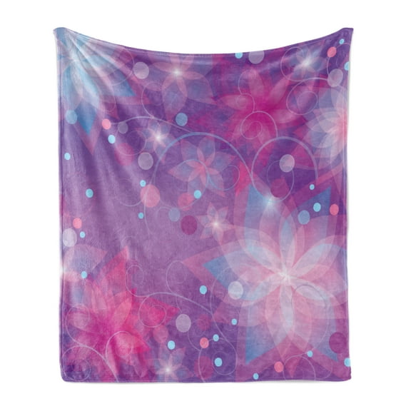 Abstract Soft Flannel Fleece Throw Blanket, Floral Dreamlike Composition with Romantic Lilies Little Dots Swirls, Cozy Plush for Indoor and Outdoor Use, 60" x 80", Violet Pink Pale Blue, by Ambesonne