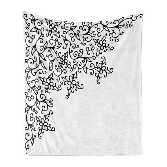 Abstract Soft Flannel Fleece Throw Blanket, Floral Vignette Design Swirled Rococo Style Ornament Nature Pattern, Cozy Plush for Indoor and Outdoor Use, 50" x 70", Black and White, by Ambesonne