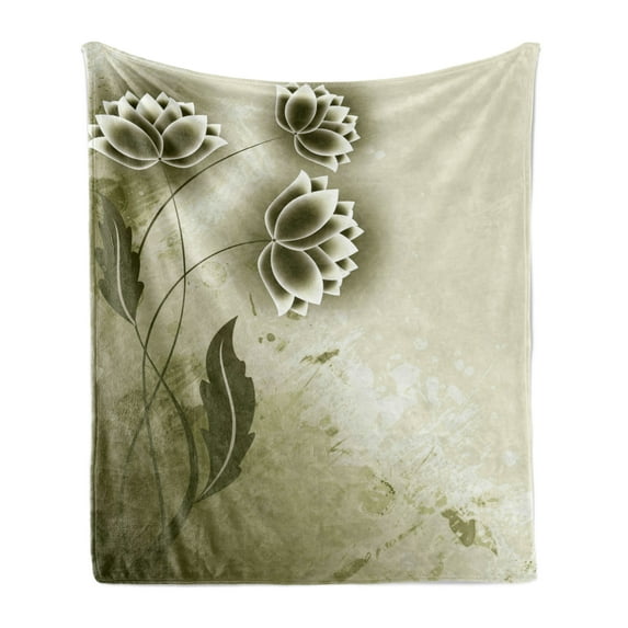 Abstract Soft Flannel Fleece Throw Blanket, Flowers Ivy Leaves with Vector Unusual Pattern Image, Cozy Plush for Indoor and Outdoor Use, 70" x 90", Olive Green Dark Green, by Ambesonne