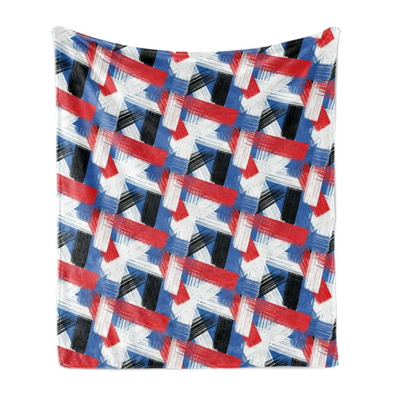 Abstract Soft Flannel Fleece Throw Blanket, Geometric Grunge Bold Stripes with Brushstrokes Motif, Cozy Plush for Indoor and Outdoor Use, 60" x 80", Violet Blue White, by Ambesonne