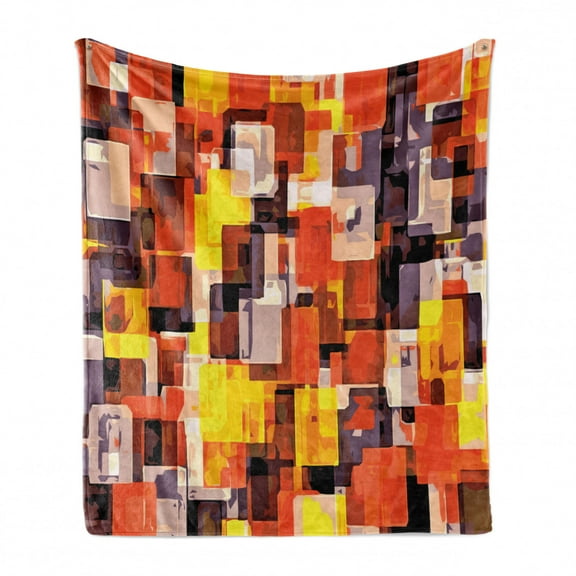 Abstract Soft Flannel Fleece Throw Blanket, Geometrical Modern and Cool Painting Like Design Artwork, Cozy Plush for Indoor and Outdoor Use, 50" x 60", Orange Yellow and White, by Ambesonne