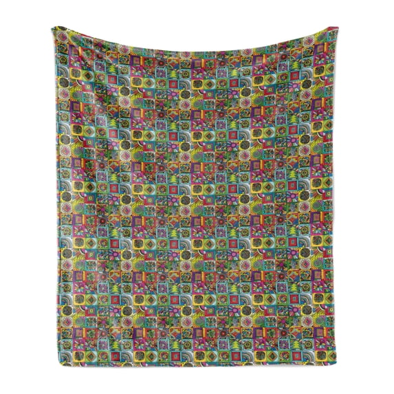 Abstract Soft Flannel Fleece Throw Blanket, Grid Style Checkered Squares with Colorful Flower Doodles and Geometric Shapes, Cozy Plush for Indoor and Outdoor Use, 60" x 80", Multicolor, by Ambesonne