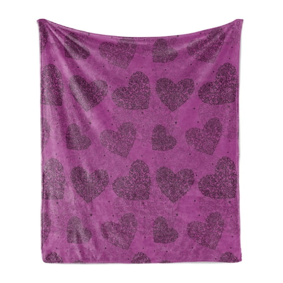 Abstract Soft Flannel Fleece Throw Blanket, Hearts Shapes Curly Floral Ornaments Along Dots Motifs on Pinkish Background, Cozy Plush for Indoor and Outdoor Use, 50" x 60", Dark Magenta, by Ambesonne