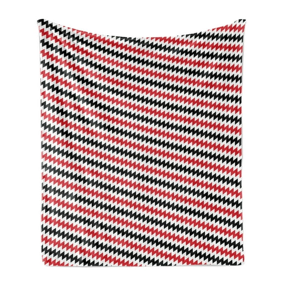 Abstract Soft Flannel Fleece Throw Blanket, Hypnotizing Vintage Zigzag Chevron Wave Seem Retro Border Like Image, Cozy Plush for Indoor and Outdoor Use, 70" x 90", Vermilion White, by Ambesonne
