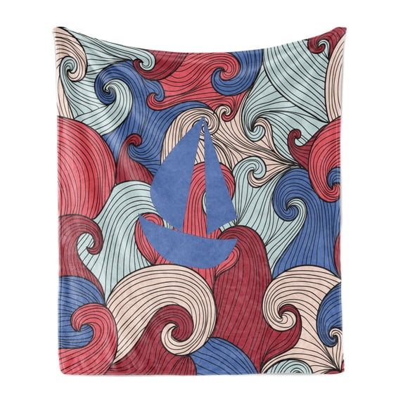 Abstract Soft Flannel Fleece Throw Blanket, Illustration of Sailboat Silhouette on Colorful Abstract Doodle Waves, Cozy Plush for Indoor and Outdoor Use, 70" x 90", Multicolor, by Ambesonne