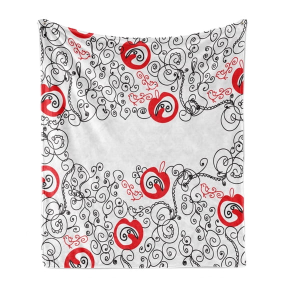 Abstract Soft Flannel Fleece Throw Blanket, Minimalist Home Design Themed Sketchy Birds Swirls and Apple Shapes, Cozy Plush for Indoor and Outdoor Use, 60" x 80", Scarlet White, by Ambesonne