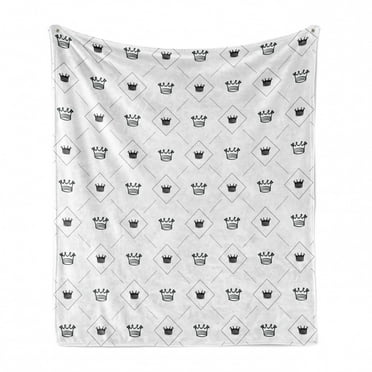 Abstract Soft Flannel Fleece Throw Blanket, Minimalist Modern Motif Crowns and Dots Graphic Design, Cozy Plush for Indoor and Outdoor Use, 60" x 80", Black White, by Ambesonne