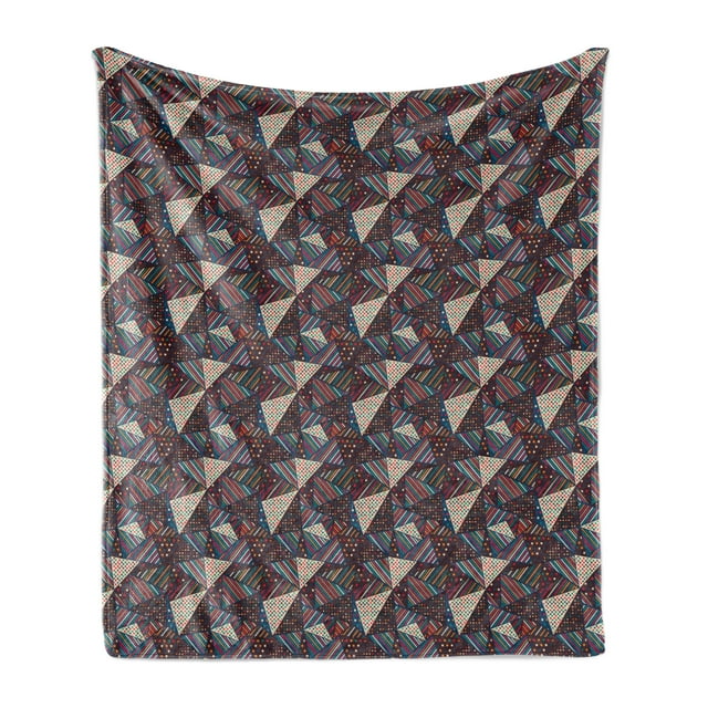 Abstract Soft Flannel Fleece Throw Blanket, Modern Geometric Triangles Stripes Dots Repetitive Illustration, Cozy Plush for Indoor and Outdoor Use, 50" x 70", Brown and Multicolor, by Ambesonne