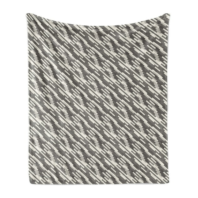 Abstract Soft Flannel Fleece Throw Blanket, Modern Stripes and Checkered Squares of Different Sizes Composition, Cozy Plush for Indoor and Outdoor Use, 70" x 90", Cream Pale Grey Black, by Ambesonne