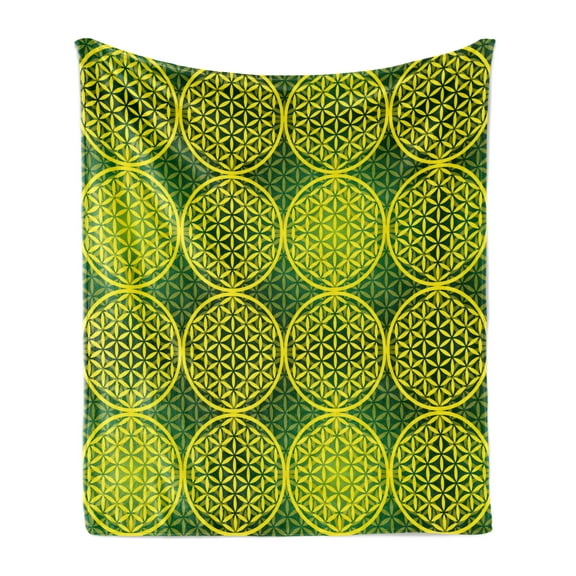 Abstract Soft Flannel Fleece Throw Blanket, Modern Vivid Flower of Life Code Illustration, Cozy Plush for Indoor and Outdoor Use, 60" x 80", Yellow Hunter Green, by Ambesonne