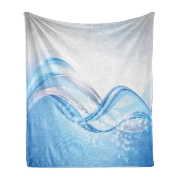 Abstract Soft Flannel Fleece Throw Blanket, Modern Wavy Ocean Surfer Summertime Themed Bubble Detailed Work of Art, Cozy Plush for Indoor and Outdoor Use, 70" x 90", Pale Blue and White, by Ambesonne