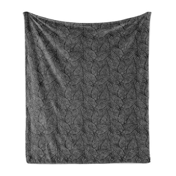 Abstract Soft Flannel Fleece Throw Blanket, Monochrome Leaves with a Web of Veins Swirled Design Ornamental Flora Pattern, Cozy Plush for Indoor and Outdoor Use, 70" x 90", Black White, by Ambesonne