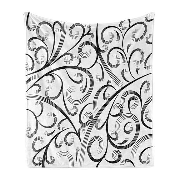 Abstract Soft Flannel Fleece Throw Blanket, Monotone Curvy Lines Composition Repetitive Delicate Print, Cozy Plush for Indoor and Outdoor Use, 70" x 90", Charcoal Grey and White, by Ambesonne