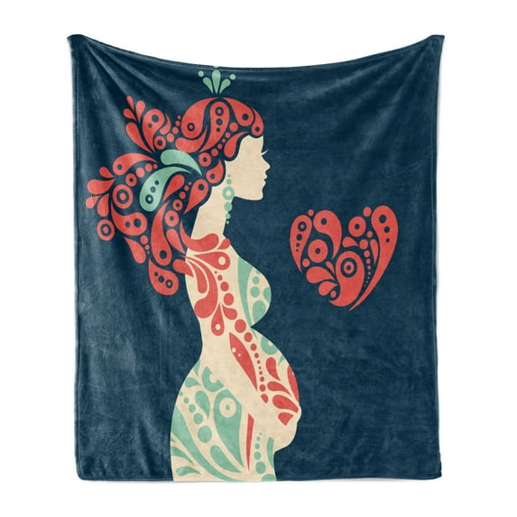 Abstract Soft Flannel Fleece Throw Blanket, Motherhood Theme Pregnant Woman and Heart, Cozy Plush for Indoor and Outdoor Use, 70" x 90", Night Blue Coral Cream, by Ambesonne
