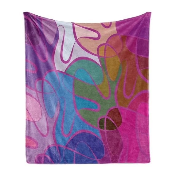 Abstract Soft Flannel Fleece Throw Blanket, Motley Wave Pattern with Hand-drawn Doodle Style Swirled Curly Lines Colorful, Cozy Plush for Indoor and Outdoor Use, 70" x 90", Multicolor, by Ambesonne