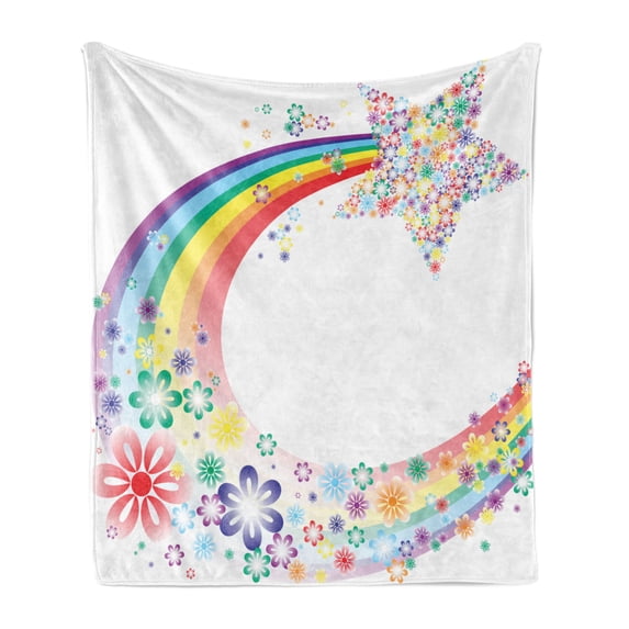 Abstract Soft Flannel Fleece Throw Blanket, Abstract Nature Fantasy Spring Floral Rainbow Stars Flowers Cheerful Fun Design, Cozy Plush for Indoor and Outdoor Use, 60" x 80", Multicolor, by Ambesonne