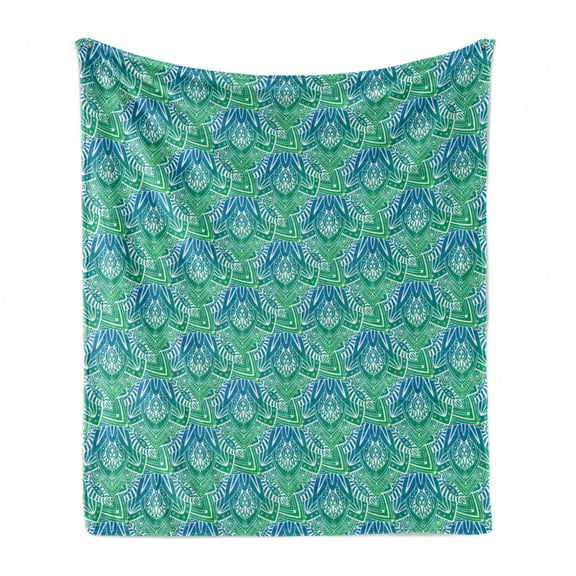 Abstract Soft Flannel Fleece Throw Blanket, Ornamental Flourishing Motifs in Cool Color Transitions, Cozy Plush for Indoor and Outdoor Use, 60" x 80", Sea Blue Jade Green, by Ambesonne
