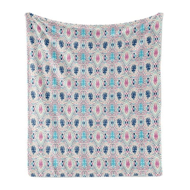 Abstract Soft Flannel Fleece Throw Blanket, Ornamental Hearts and Polka Dots Dashes Arching Streaks, Cozy Plush for Indoor and Outdoor Use, 50" x 60", Sky Blue Pink, by Ambesonne