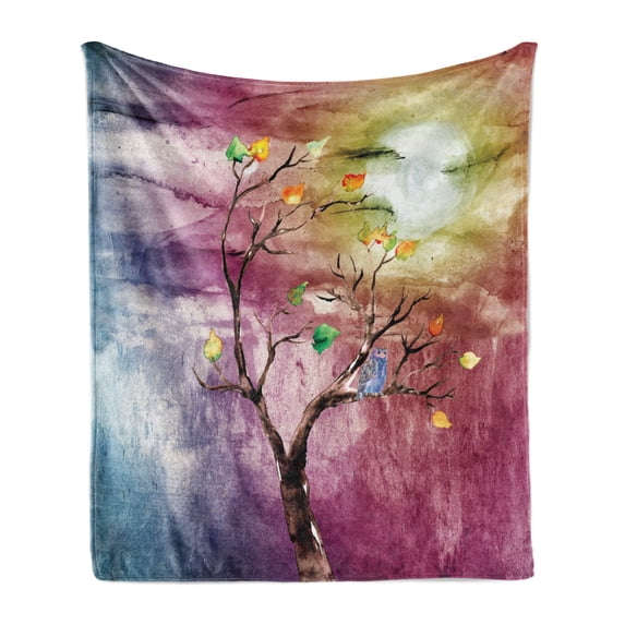 Abstract Soft Flannel Fleece Throw Blanket, Owl Bird on Autumn Tree with Colorful Watercolor Background Print, Cozy Plush for Indoor and Outdoor Use, 50" x 70", Multicolor, by Ambesonne