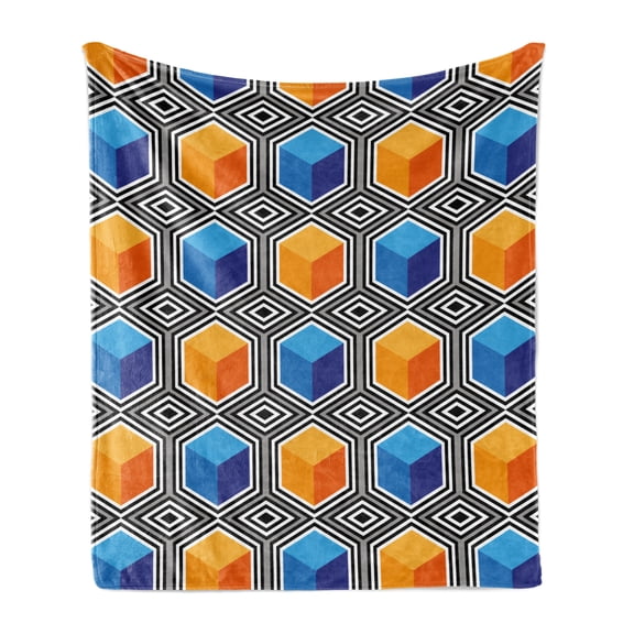 Abstract Soft Flannel Fleece Throw Blanket, Pattern of Rhythmic Optical Illusion Cubes and Rhombus Motifs in Lively Tones, Cozy Plush for Indoor and Outdoor Use, 50" x 60", Multicolor, by Ambesonne