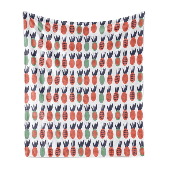 Abstract Soft Flannel Fleece Throw Blanket, Pineapples with Triangles Lines and Checkered Squares Fruit Design, Cozy Plush for Indoor and Outdoor Use, 70" x 90", Dark Coral Dark Blue, by Ambesonne