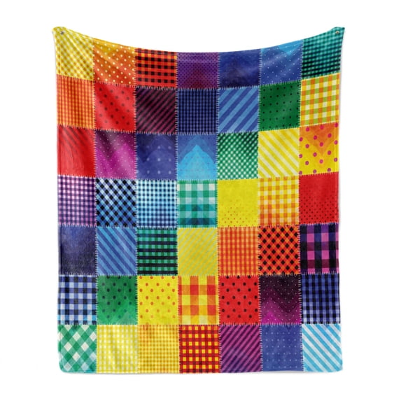 Abstract Soft Flannel Fleece Throw Blanket, Rainbow Colored Square Shaped Diverse Patterns Diagonal Forms Geometric, Cozy Plush for Indoor and Outdoor Use, 50" x 70", Multicolor, by Ambesonne