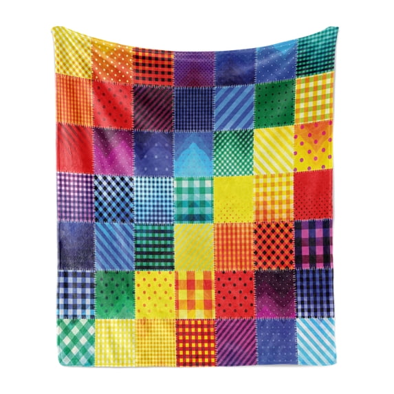 Abstract Soft Flannel Fleece Throw Blanket, Rainbow Colored Square Shaped Diverse Patterns Diagonal Forms Geometric, Cozy Plush for Indoor and Outdoor Use, 70" x 90", Multicolor, by Ambesonne