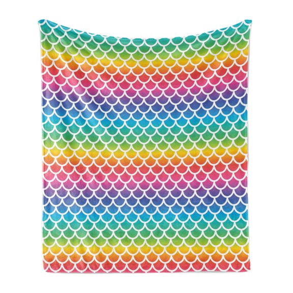 Abstract Soft Flannel Fleece Throw Blanket, Rainbow Toned Fish Scale Pattern Half Circles Geometric Creative Mermaid Marine, Cozy Plush for Indoor and Outdoor Use, 70" x 90", Multicolor, by Ambesonne