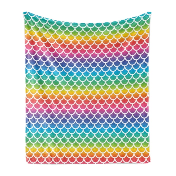 Abstract Soft Flannel Fleece Throw Blanket, Rainbow Toned Fish Scale Pattern Half Circles Geometric Creative Mermaid Marine, Cozy Plush for Indoor and Outdoor Use, 50" x 60", Multicolor, by Ambesonne