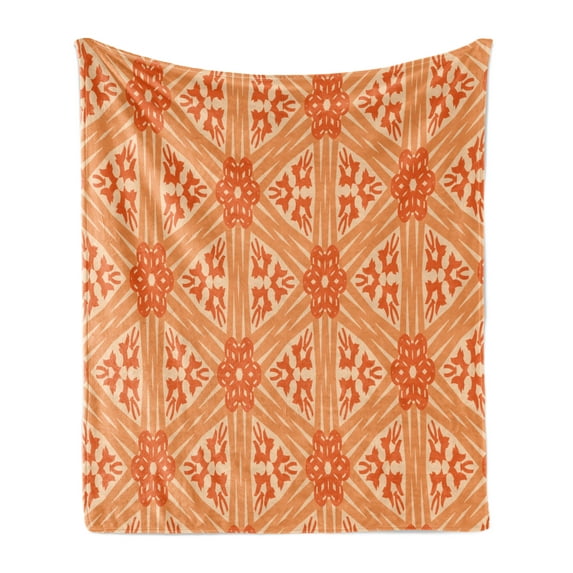 Abstract Soft Flannel Fleece Throw Blanket, Repeating Pattern Monochrome Connected Lines Floral Details, Cozy Plush for Indoor and Outdoor Use, 70" x 90", Peach Vermilion, by Ambesonne