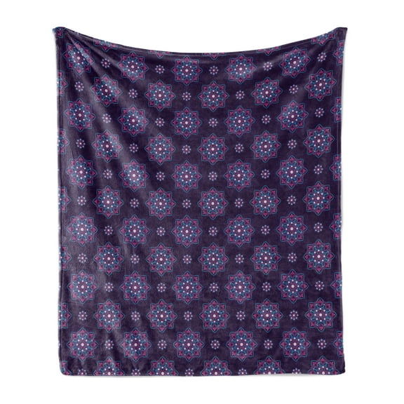 Abstract Soft Flannel Fleece Throw Blanket, Repetitive Print Dots Flowers Mandala Style, Cozy Plush for Indoor and Outdoor Use, 60" x 80", Dark Purple Sky Blue, by Ambesonne
