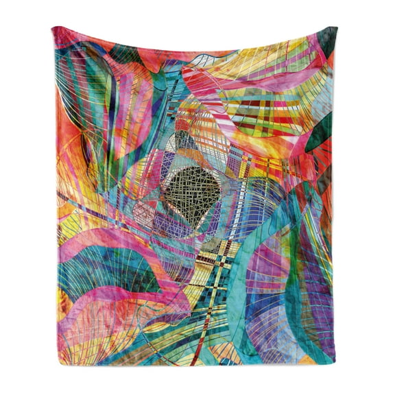 Abstract Soft Flannel Fleece Throw Blanket, Retro Background Graphic Composition in Watercolors Creative Illustration, Cozy Plush for Indoor and Outdoor Use, 50" x 70", Multicolor, by Ambesonne