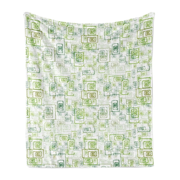 Abstract Soft Flannel Fleece Throw Blanket, Retro Inspired Pattern of Square Spirals Scrolling Rectangles, Cozy Plush for Indoor and Outdoor Use, 50" x 70", Fern Green Emerald and White, by Ambesonne