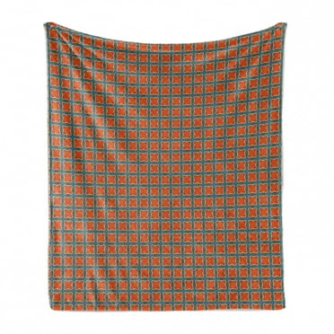 Abstract Soft Flannel Fleece Throw Blanket, Rhythmic Squares Vintage Motifs Autumn Tones Pattern, Cozy Plush for Indoor and Outdoor Use, 50" x 70", Vermilion Cadet Blue, by Ambesonne
