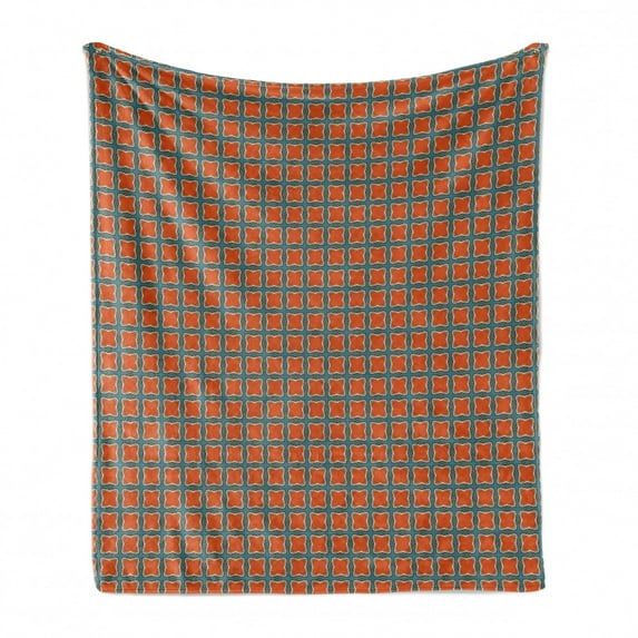 Abstract Soft Flannel Fleece Throw Blanket, Rhythmic Squares Vintage Motifs Autumn Tones Pattern, Cozy Plush for Indoor and Outdoor Use, 50" x 70", Vermilion Cadet Blue, by Ambesonne