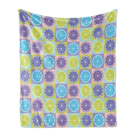 Abstract Soft Flannel Fleece Throw Blanket, Seamless Pattern with Citrus Like Lemon Lime Tangerine Orange Print, Cozy Plush for Indoor and Outdoor Use, 70" x 90", Pale Green and Violet, by Ambesonne