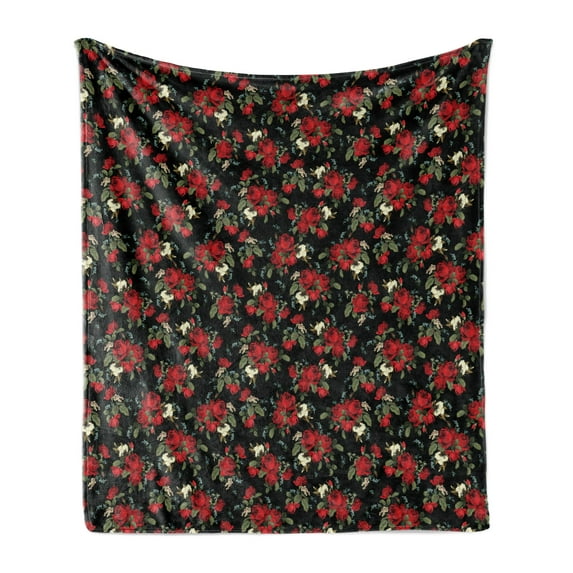 Abstract Soft Flannel Fleece Throw Blanket, Shabby Form Garden Farm Flowers Leaves Roses and Violets Design, Cozy Plush for Indoor and Outdoor Use, 50" x 60", Olive Green Black Red, by Ambesonne