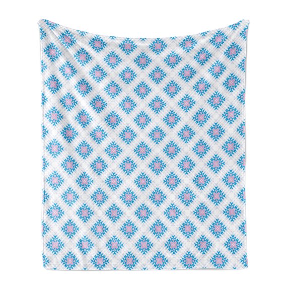 Abstract Soft Flannel Fleece Throw Blanket, Shapes Formed of Zigzags Tribal Inspired Design, Cozy Plush for Indoor and Outdoor Use, 50" x 70", Baby Pink Sea Blue, by Ambesonne