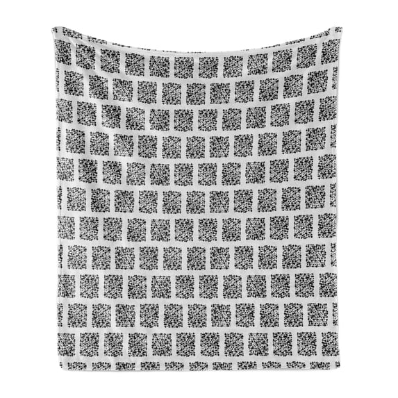 Abstract Soft Flannel Fleece Throw Blanket, Square Shapes with Doodle Little Dots Retro Style Halftone Effect Design, Cozy Plush for Indoor and Outdoor Use, 50" x 60", Black and Coconut, by Ambesonne